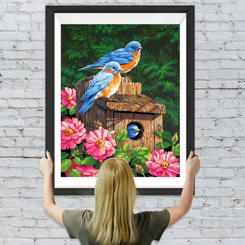 Blaue Vögel und rosa Blumen Diamond Painting