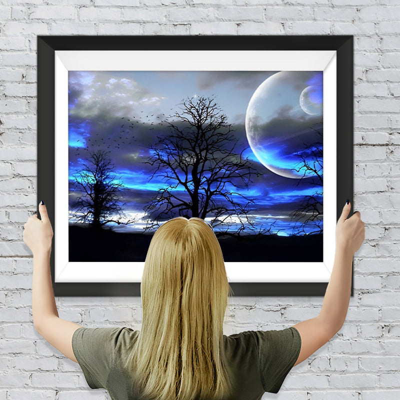 Blaue Wolken, Mond und Bäume Diamond Painting