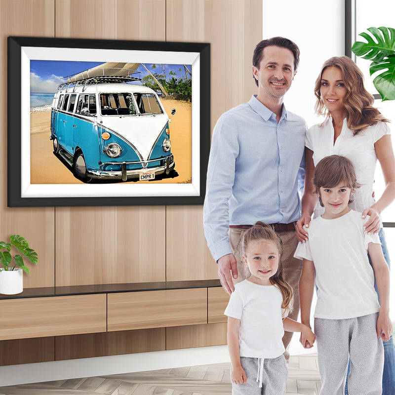 Blauer Bus am Strand Diamond Painting