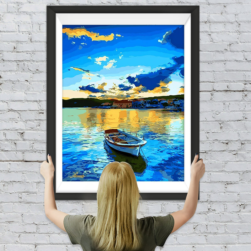 Blauer Himmel, blaues Meer und Boot Diamond Painting