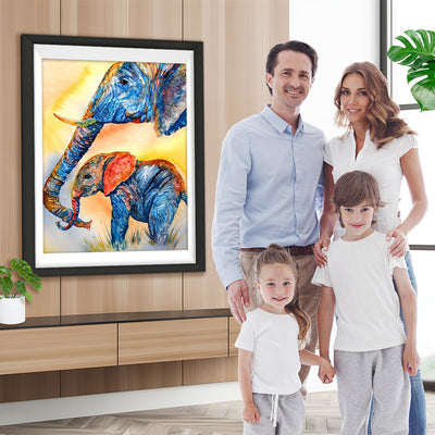 Blauer kleiner Elefant mit seiner Mutter Diamond Painting