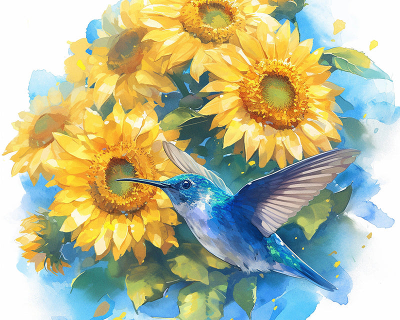 Blauer Kolibri und Sonnenblumen Diamond Painting