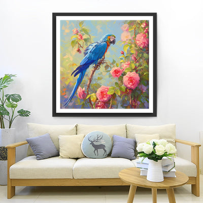 Blauer Papagei und Rosa Blumen Diamond Painting