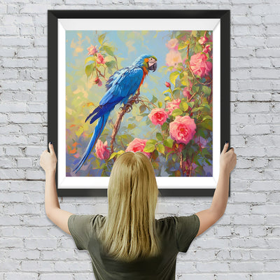 Blauer Papagei und Rosa Blumen Diamond Painting