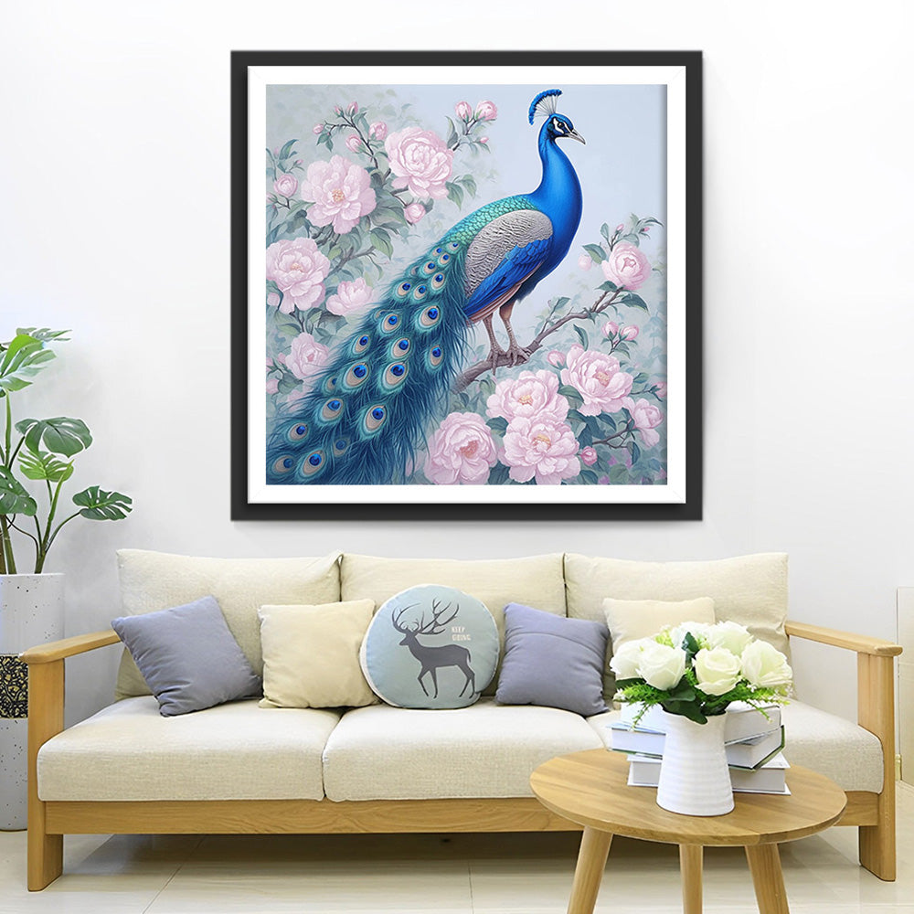 Blauer Pfau und rosa Pfingstrose Diamond Painting