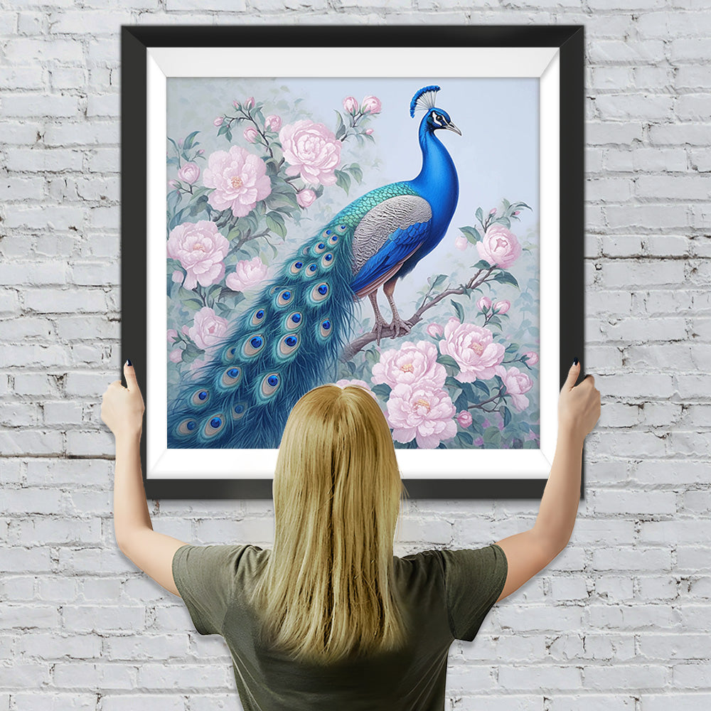 Blauer Pfau und rosa Pfingstrose Diamond Painting