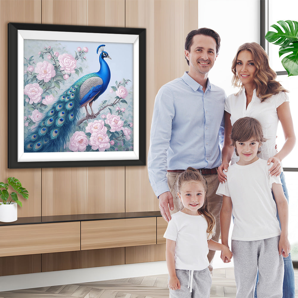 Blauer Pfau und rosa Pfingstrose Diamond Painting