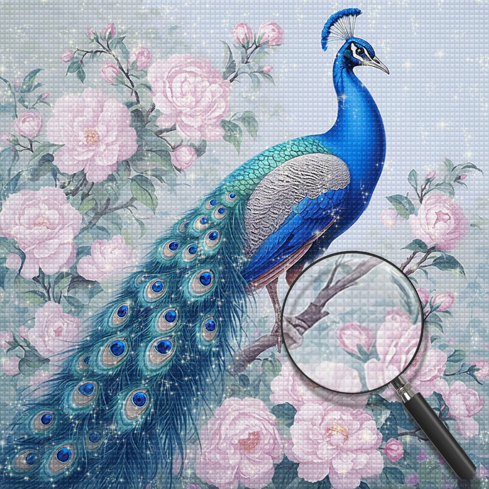 Blauer Pfau und rosa Pfingstrose Diamond Painting