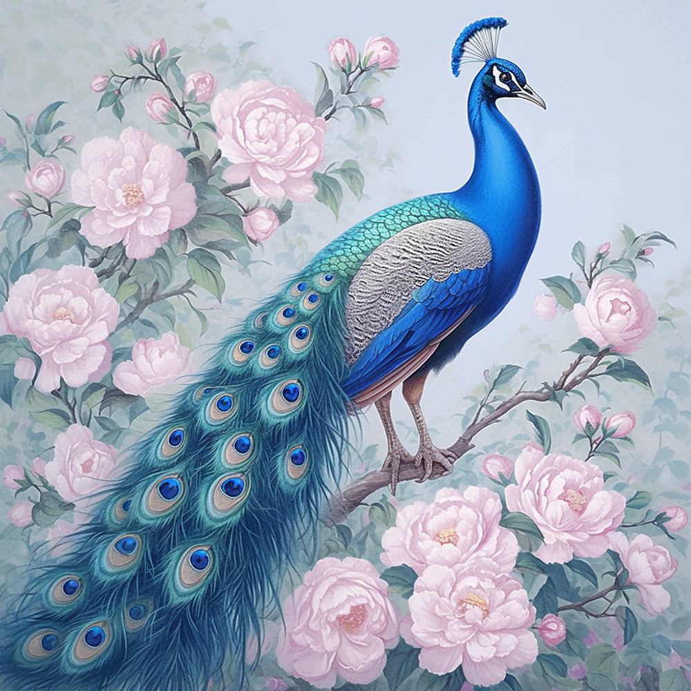 Blauer Pfau und rosa Pfingstrose Diamond Painting