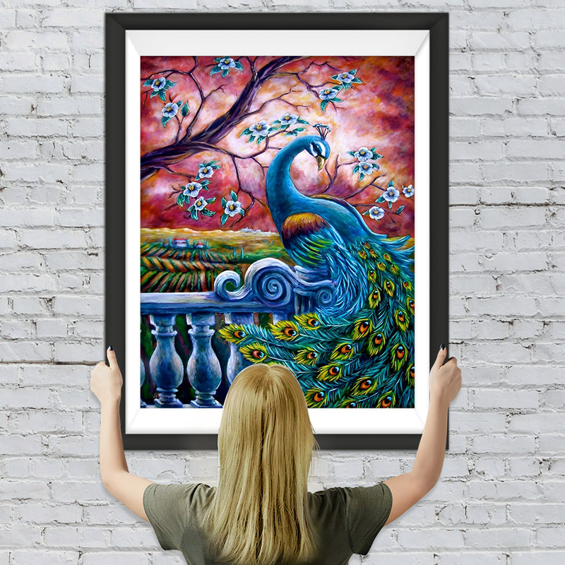 Blauer Pfau und roter Himmel Diamond Painting