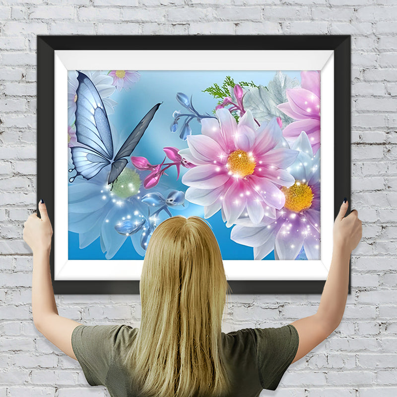 Blauer Schmetterling und rosa Blumen Diamond Painting