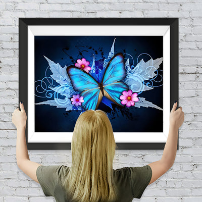 Blauer Schmetterling und rosa Blumen Diamond Painting