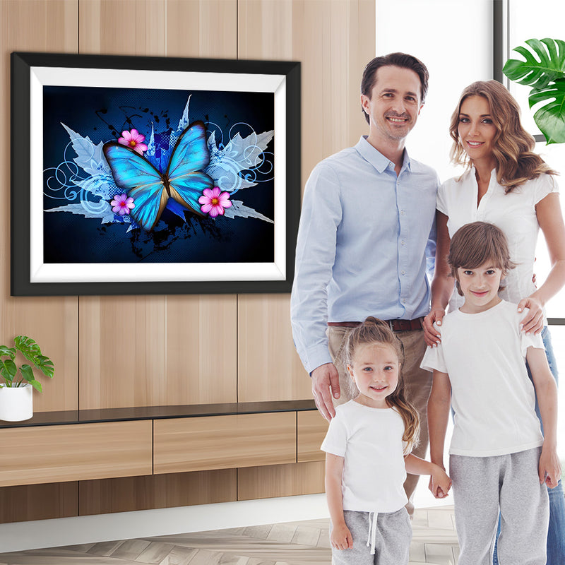 Blauer Schmetterling und rosa Blumen Diamond Painting