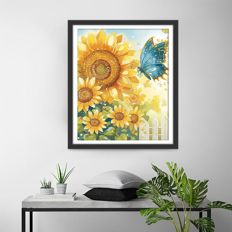 Blauer Schmetterling und Sonnenblumen Diamond Painting