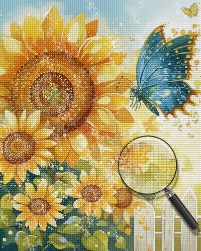 Blauer Schmetterling und Sonnenblumen Diamond Painting