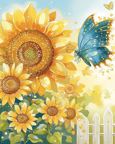 Blauer Schmetterling und Sonnenblumen Diamond Painting