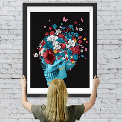 Blauer Totenkopf und Blumen Diamond Painting