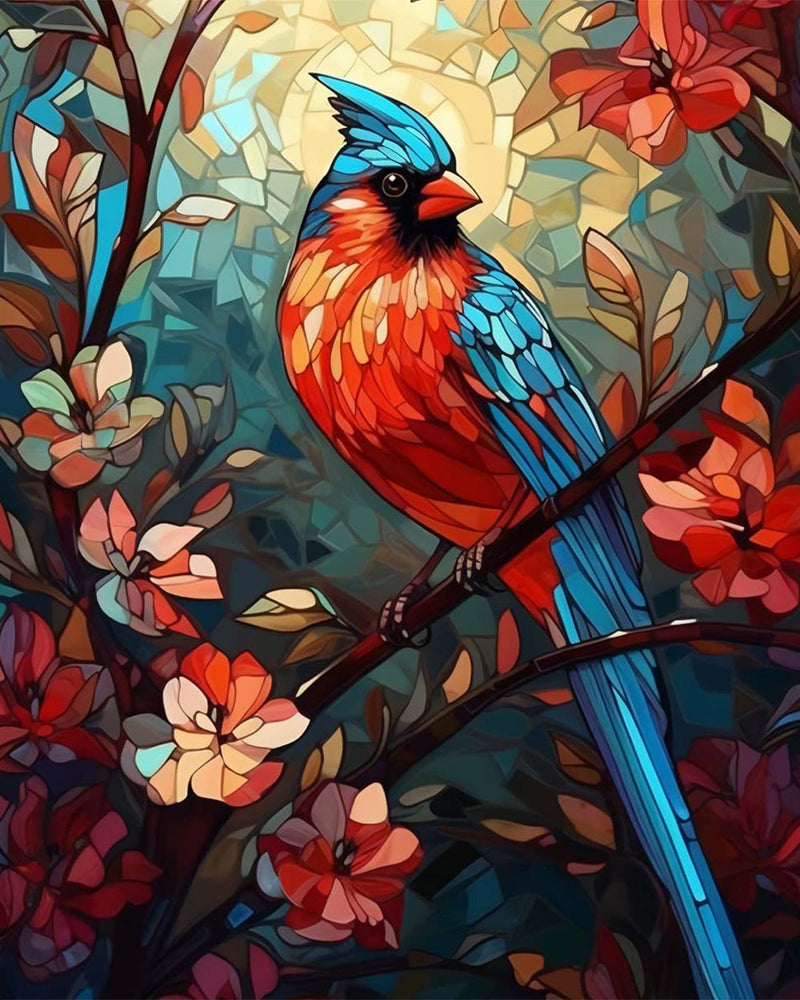 Blauer und roter Vogel auf Blumenzweig Diamond Painting