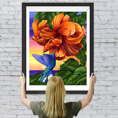 Blauer Vogel und orange Blume Diamond Painting