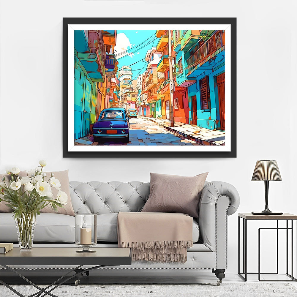 Blaues Auto und bunte Gebäude Diamond Painting