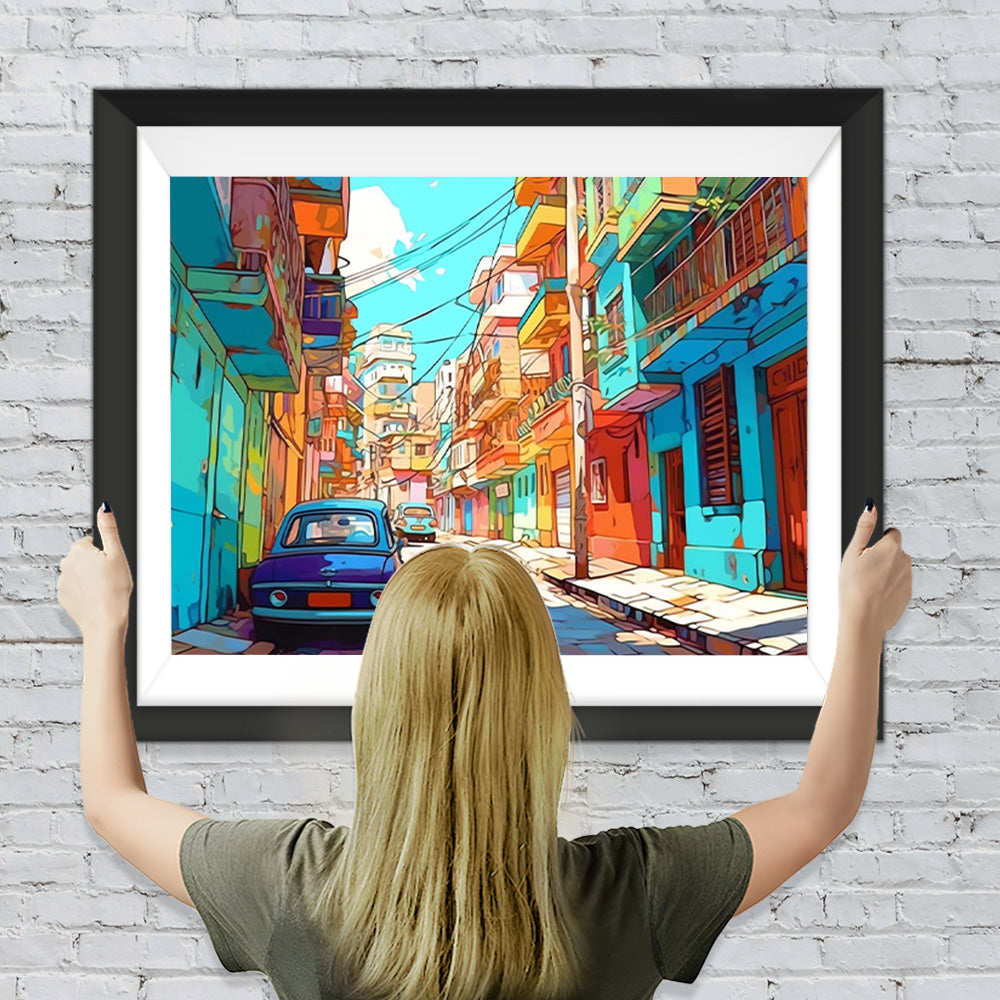 Blaues Auto und bunte Gebäude Diamond Painting