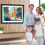 Blaues Auto und bunte Gebäude Diamond Painting