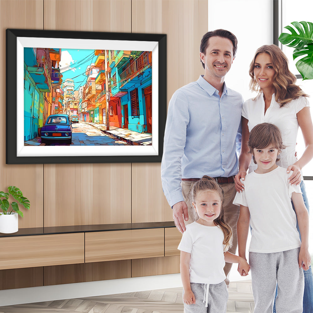 Blaues Auto und bunte Gebäude Diamond Painting