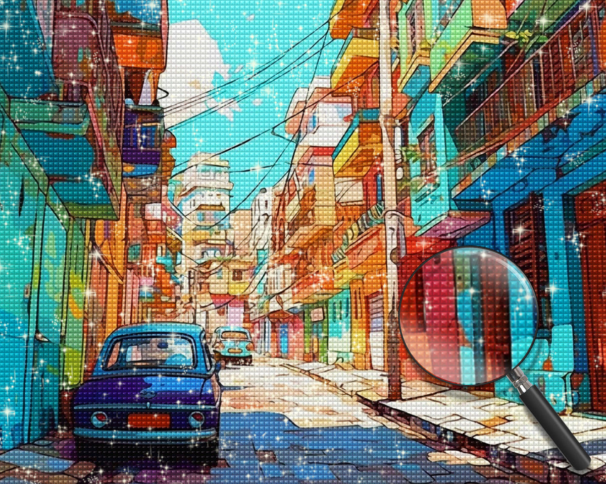 Blaues Auto und bunte Gebäude Diamond Painting