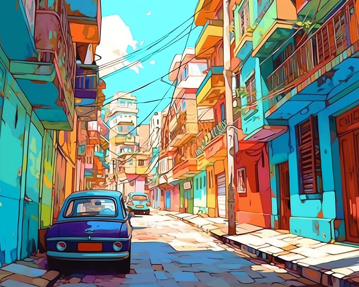 Blaues Auto und bunte Gebäude Diamond Painting