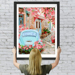 Blaues Auto unter rosa Blumenbaum Diamond Painting