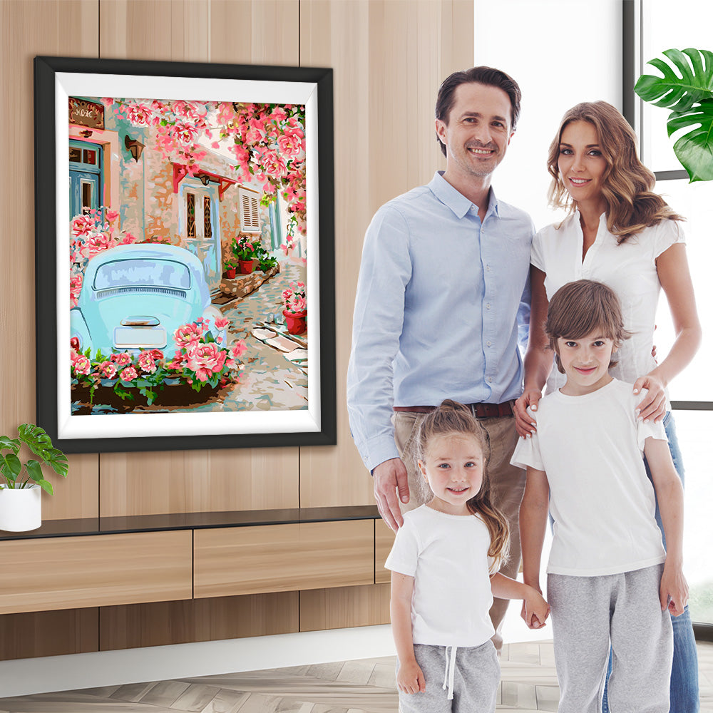 Blaues Auto unter rosa Blumenbaum Diamond Painting