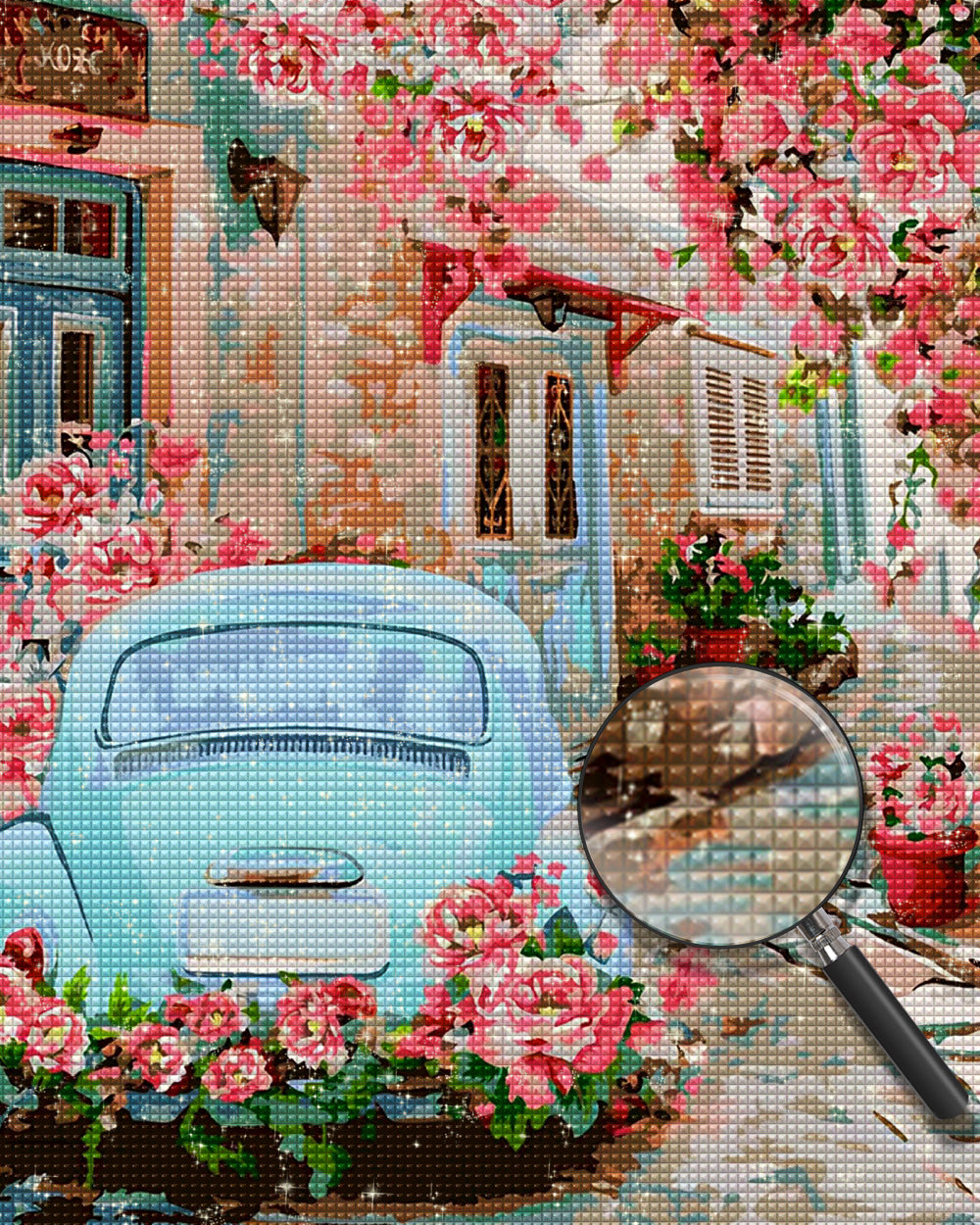 Blaues Auto unter rosa Blumenbaum Diamond Painting