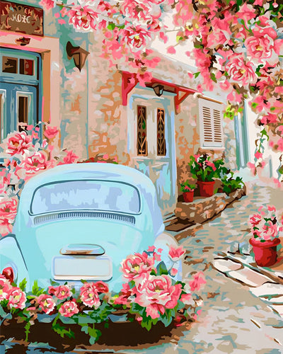 Blaues Auto unter rosa Blumenbaum Diamond Painting