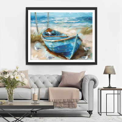 Blaues Boot am Strand Diamond Painting