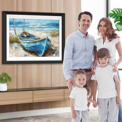 Blaues Boot am Strand Diamond Painting