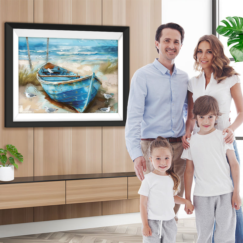 Blaues Boot am Strand Diamond Painting