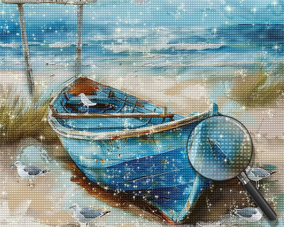 Blaues Boot am Strand Diamond Painting