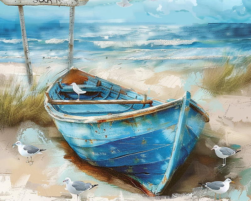Blaues Boot am Strand Diamond Painting