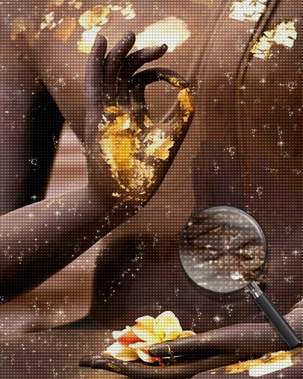 Blütenblätter und Blattgold in Buddhas Händen Diamond Painting