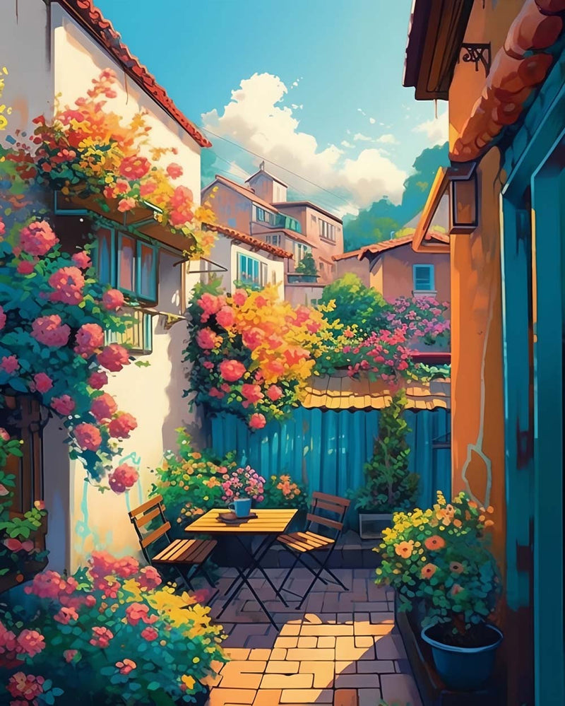 Blumen für draußen, Tisch und Stühle Diamond Painting