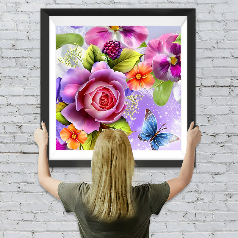 Blumen, Himbeeren und Schmetterling Diamond Painting