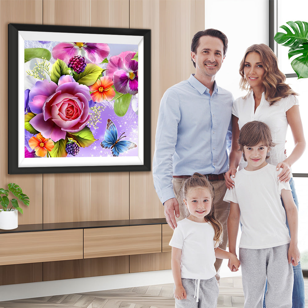 Blumen, Himbeeren und Schmetterling Diamond Painting