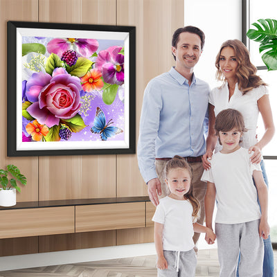 Blumen, Himbeeren und Schmetterling Diamond Painting