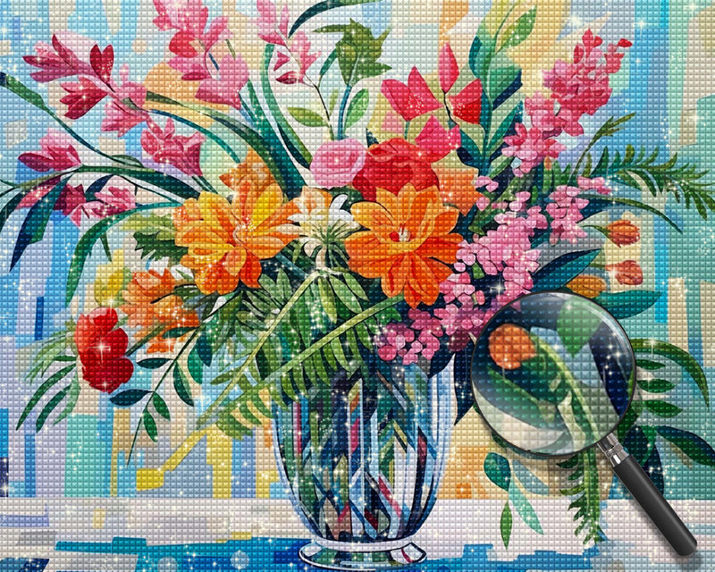 Blumen und Blätter Blumenstrauß in Glasvase Diamond Painting