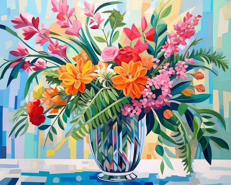 Blumen und Blätter Blumenstrauß in Glasvase Diamond Painting