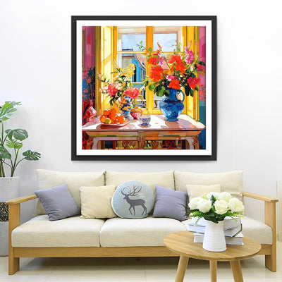Blumen und Früchte auf der Fensterbank Diamond Painting
