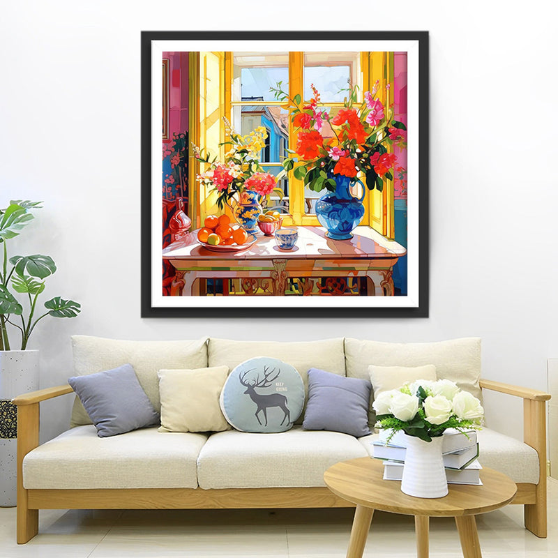 Blumen und Früchte auf der Fensterbank Diamond Painting