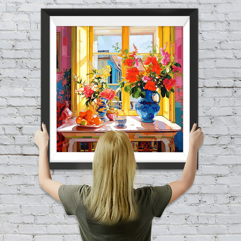 Blumen und Früchte auf der Fensterbank Diamond Painting