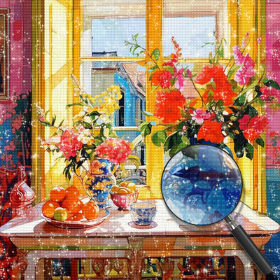 Blumen und Früchte auf der Fensterbank Diamond Painting