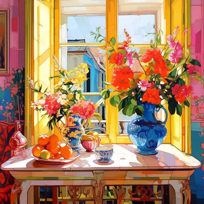 Blumen und Früchte auf der Fensterbank Diamond Painting